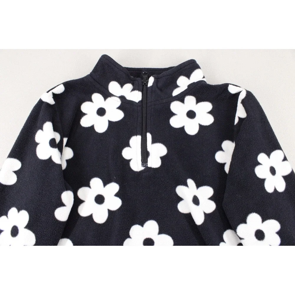 The Childrens Place Fleece Pullover Girls 10/12 Black Daisy Floral Quarter Zip